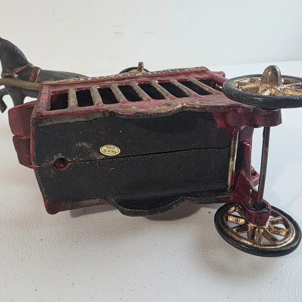 Vintage Cast Iron Horse Drawn OVERLAND Circus Wagon Toy With Tiger & Driver Read